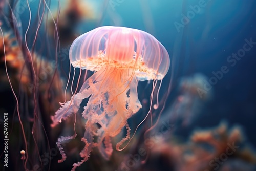 A jellyfish floating in the water near some plants. Generative AI.
