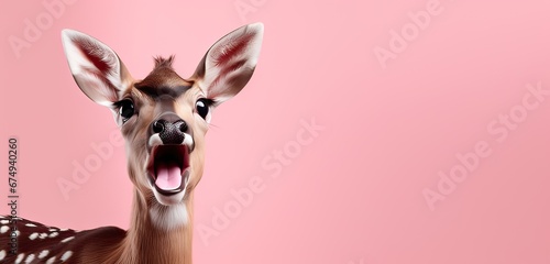 a portrait of a fawn deer with a surprised expression, looking into the camera isolated a pink background. 