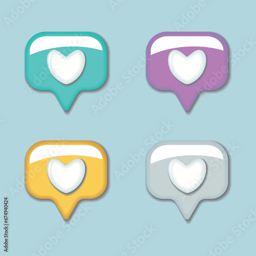 3d colorful heart textbox set. Bubble speach collection with white heart on blue background. Vector illustration.