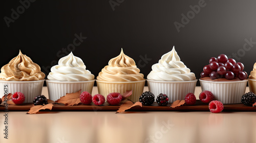 Dessert cream in ramekins with red berries isolated on a black background photo