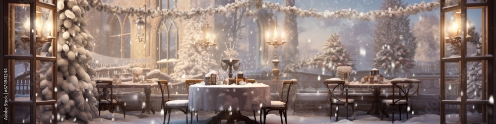 A dining room with a table and chairs covered in snow