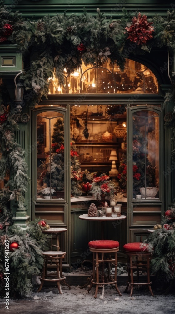 A store front with christmas decorations on the outside A store front with christmas decorations on the outside