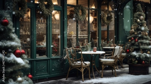 A table and chairs outside of a restaurant in the snow