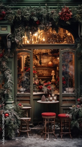 A store front with christmas decorations on the outside