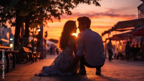 A man and a woman sitting on a sidewalk at sunset