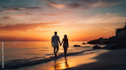 A man and a woman walking on a beach at sunset © Maria Starus