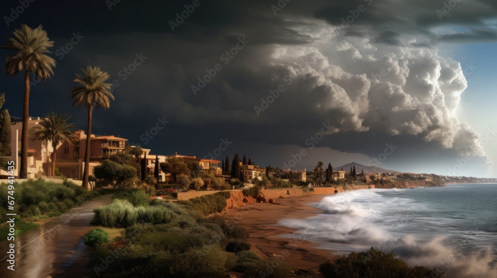 A view of a beach with palm trees and a stormy sky