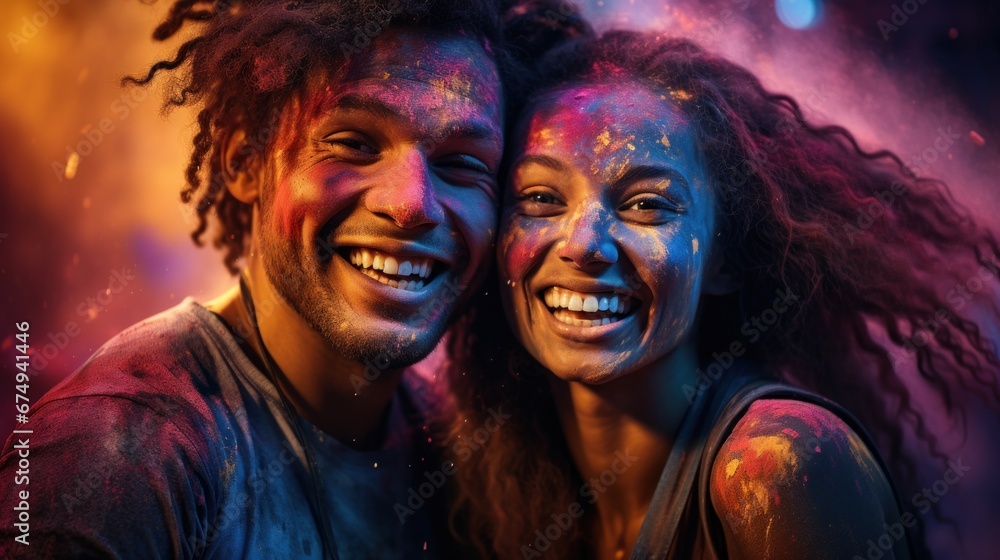 A man and a woman with colored paint on their faces