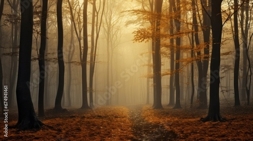 A foggy forest with a path in the middle © Maria Starus
