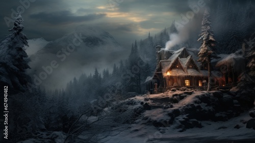 A cabin in a snowy mountain with a light on © Maria Starus