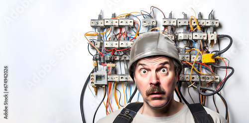 electrician is comically overwhelmed by the sheer amount of damage on an electric panel. A lighthearted take on electrical mishaps and the challenges they bring