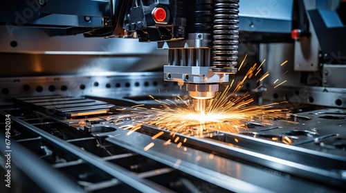 CNC Laser cutting of metal, modern industrial technology Making Industrial Details. The laser optics and CNC (computer numerical control) are used to direct the material or the laser beam generated.