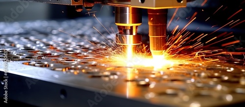 CNC Laser cutting of metal, modern industrial technology Making Industrial Details. The laser optics and CNC (computer numerical control) are used to direct the material or the laser beam generated.