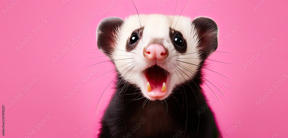 portrait of a ferret with a surprised expression, looking into the camera isolated a pink background.
portrait of a ferret with a surprised expression, looking into the camera isolated a pink background.