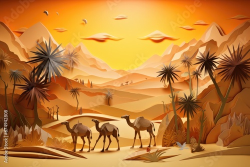 A group of camels walking through a desert. Generative AI.