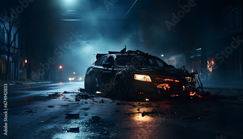 Car crash in the middle of the night. Background of a car crash with space for text photo