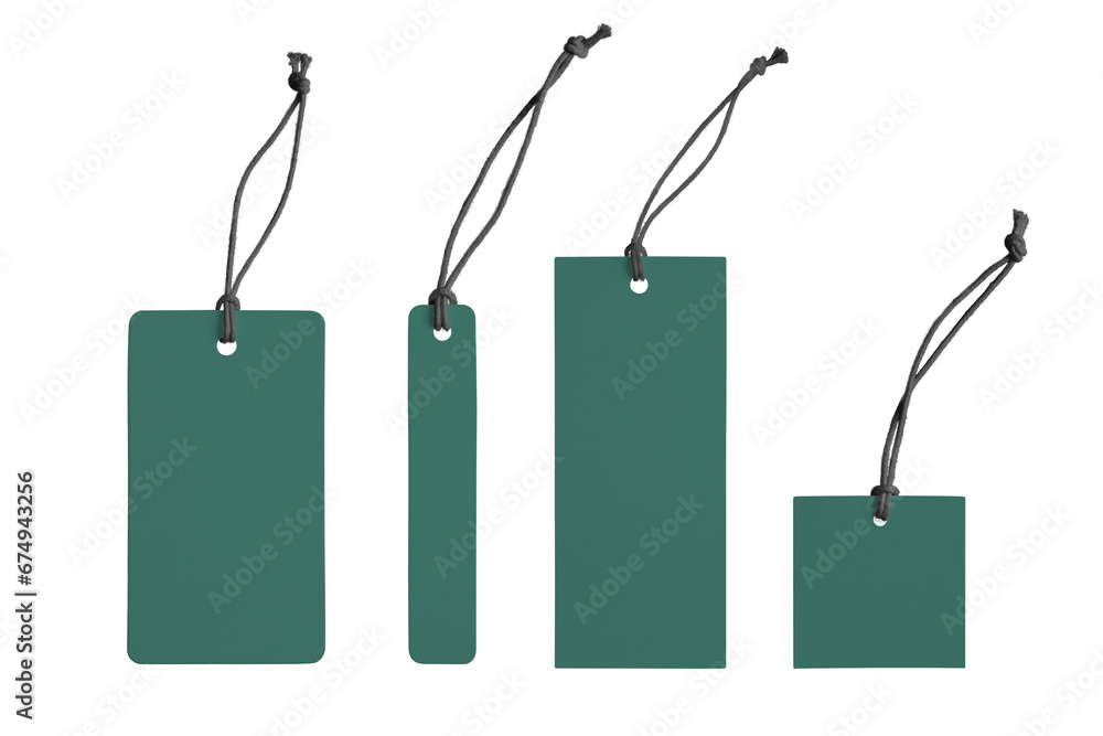Various shape of blank green paper label or cloth tag set isolated on white, transparent background, PNG. Price tag mockup template with copy space for brand, information. Shopping, black friday sale Various shape of blank green paper label or cloth tag set isolated on white, transparent background, PNG. Price tag mockup template with copy space for brand, information. Shopping, black friday sale