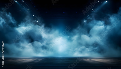 Beautiful Illuminated empty Stage with blue lighting and a smoke. Background
