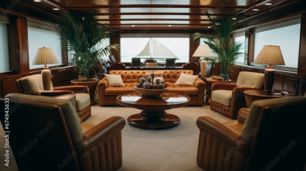 The interior of the cabin of a luxury retro cozy yacht. Generative AI.
