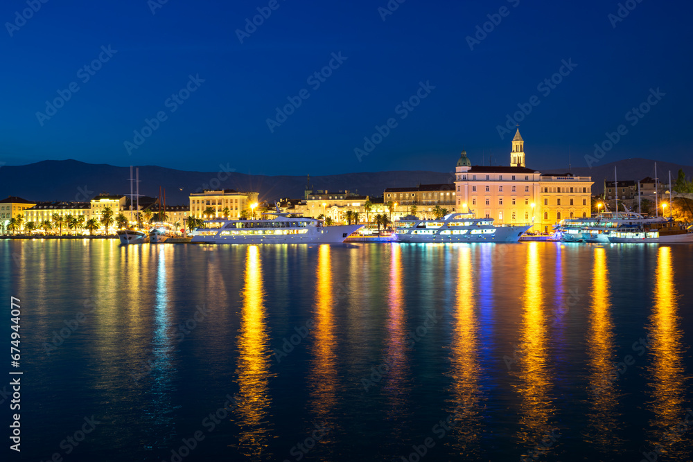 Evening skyline of promenade Riva  and Diocletian Palace in Split. Croatia