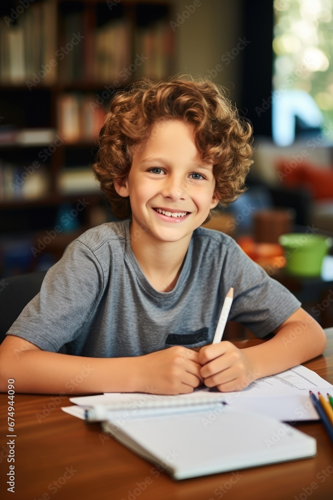 A smiling boy doing homework at home A smiling boy doing homework at home