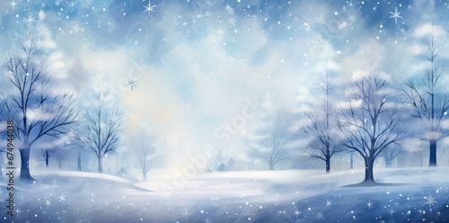 Winter snow background with snow, with beautiful light and snow flakes on the blue sky in the evening, copy space.