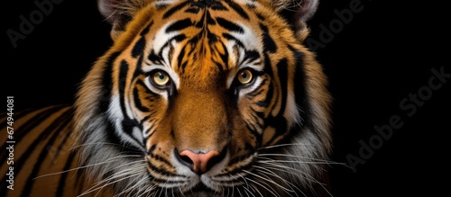 The beautiful black and orange tiger with its striking striped pattern on its white face is a mesmerizing portrait of nature s beauty photo