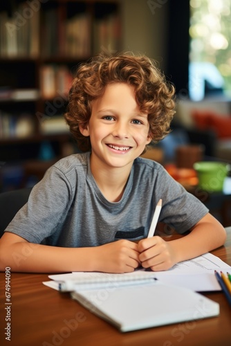 A smiling boy doing homewor...