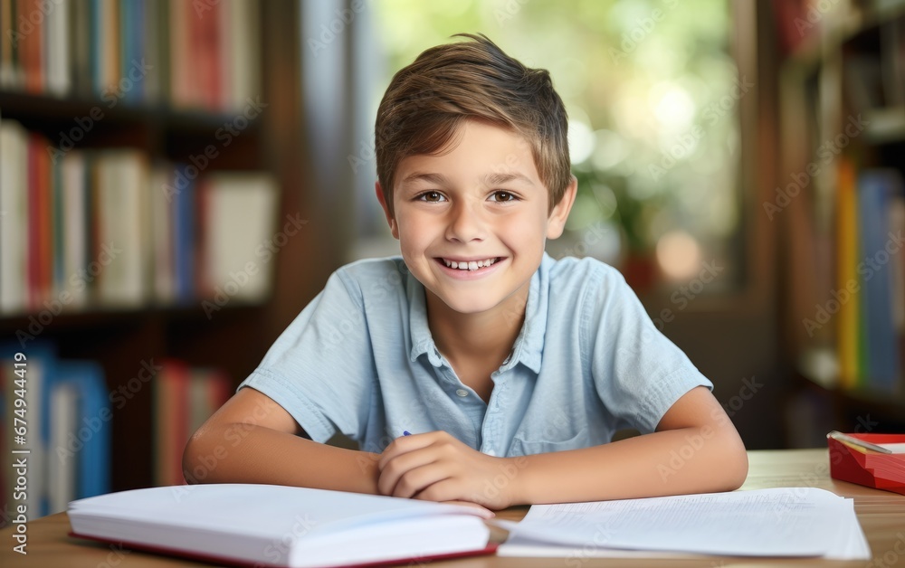 A smiling boy doing homework at home A smiling boy doing homework at home