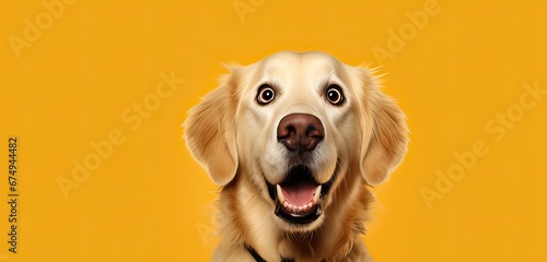 portrait of a golden retriever dog with a surprised expression, looking into the camera isolated a yellow background.
