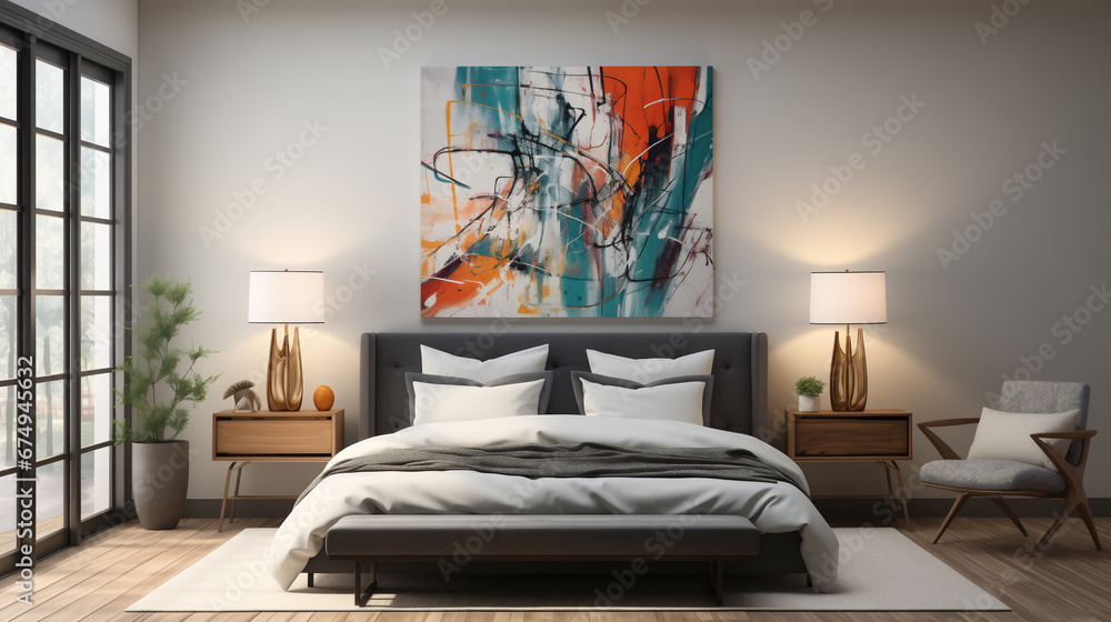 Bellissima camera da letto con arredamento minimalistico, con colori forti ed eleganti e quadri sul muro Bellissima camera da letto con arredamento minimalistico, con colori forti ed eleganti e quadri sul muro