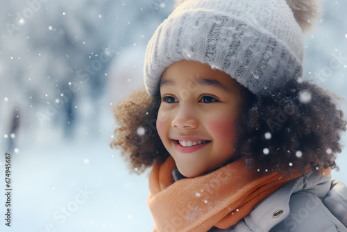 Portrait of a beautiful happy little black girl outside in the snow. Copy space