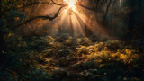 Magical forest with luminous flora at golden hour; mystic scene emerging from lush undergrowth, bathed in warm light.