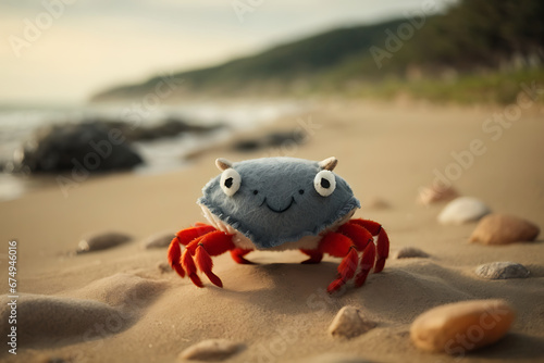 Cute Felt Crab mascot on the Beach