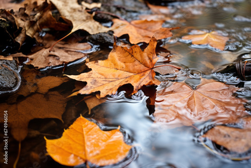Autumn leaves in a puddle with ripples on the water