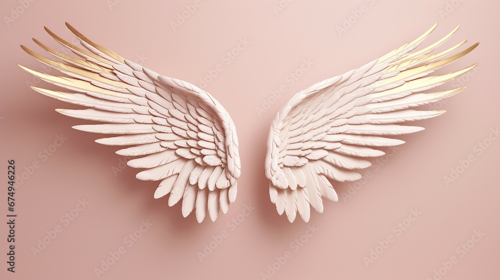 Fototapeta premium white angel wings isolated on a pink background. white wings.