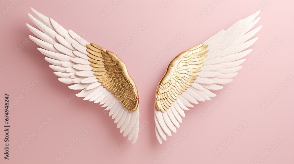 golden and white  angel wings isolated  on a pink background. gold and white  wings. - obrazy, fototapety, plakaty 