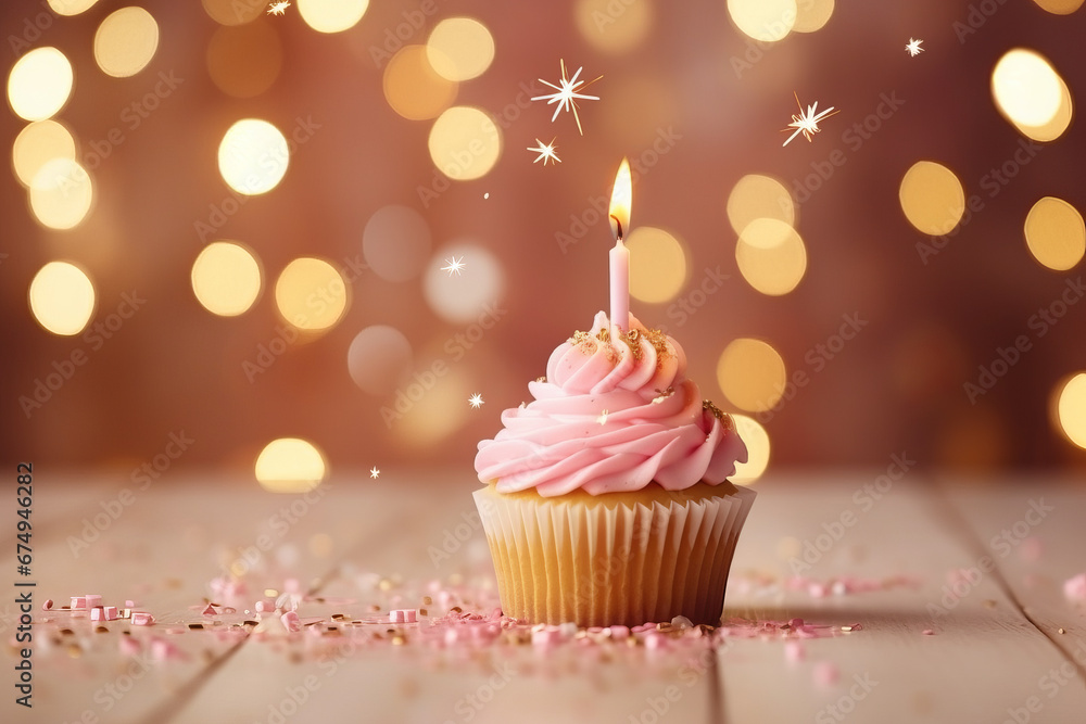 Cupcake with candle on bokeh background. Happy Birthday Cupcake with candle on bokeh background. Happy Birthday