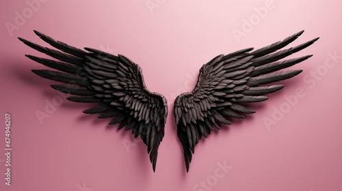 Black angel wings isolated on a pink background. Black wings.