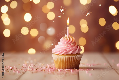 Cupcake with candle on bokeh background. Happy Birthday