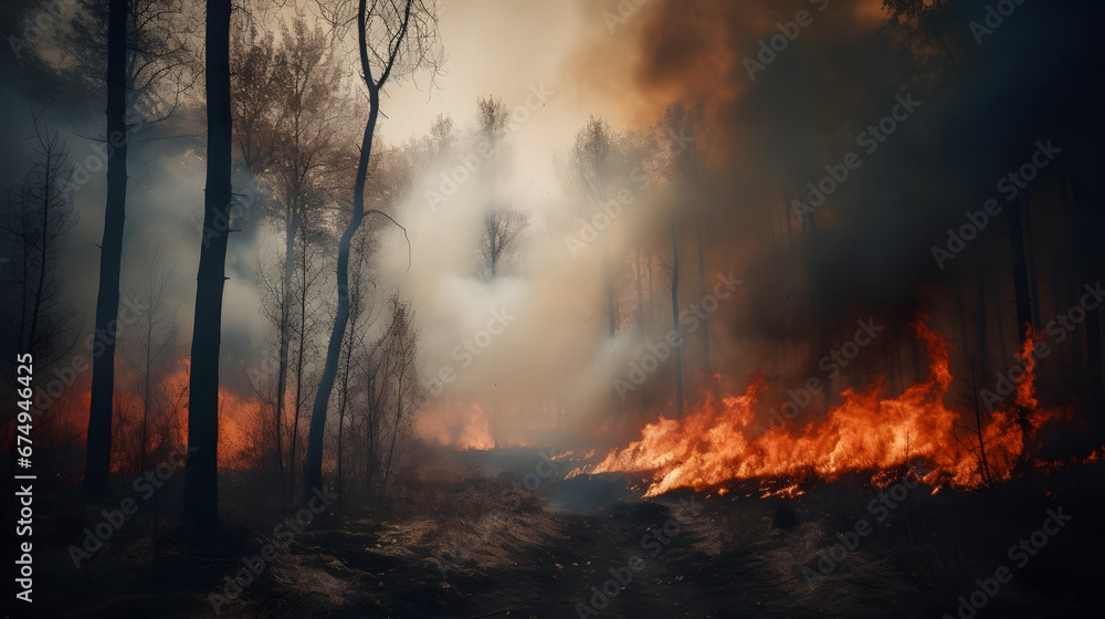 Burning forest. Destructive fire. The sky becomes obscured by dense smoke. The landscape witness to flames, charred trees and scorched ground.