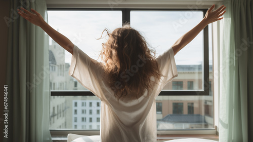 A girl in pajamas stretches after getting out of bed and looking out the window. Morning rituals for a vigorous workday. Health and recreation concept. Cozy awakening. Generated AI