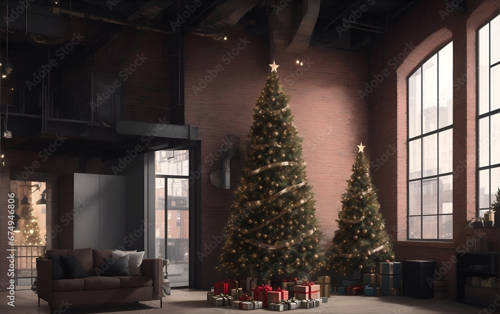 an urban loft with Christmas tree sets against a backdrop of exposed brick walls