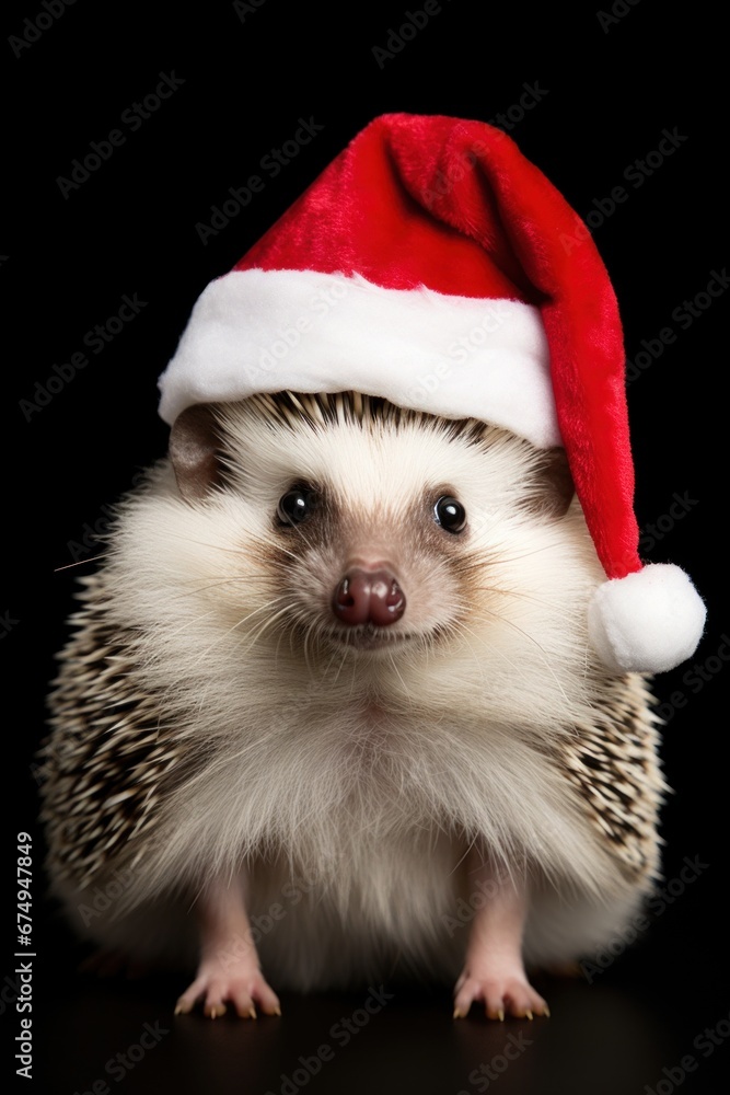 A small hedge wearing a santa hat A small hedge wearing a santa hat