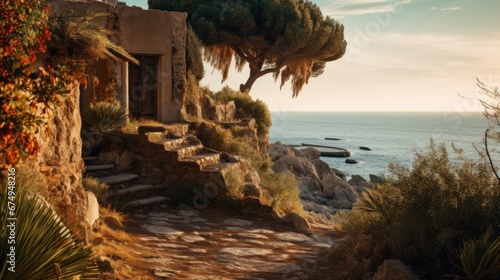A pathway leading to a house on a cliff overlooking the ocean