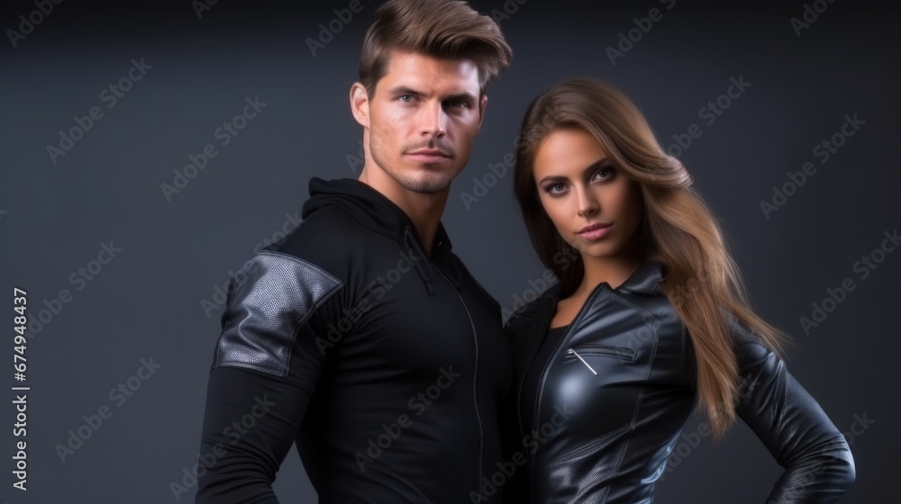 A man and a woman dressed in black posing for a picture A man and a woman dressed in black posing for a picture