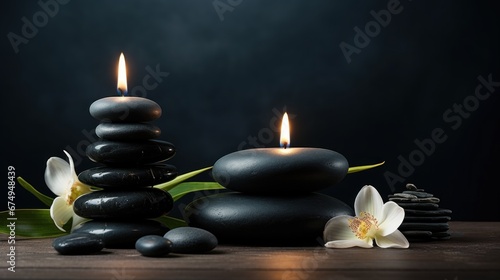 A stack of black stones with a lit candle