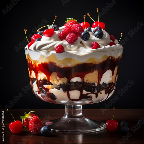 A trifle dessert is beautifully layered in a glass bowl, with alternating layers of sponge cake, custard, fresh berries, and whipped cream, topped with a cherry 