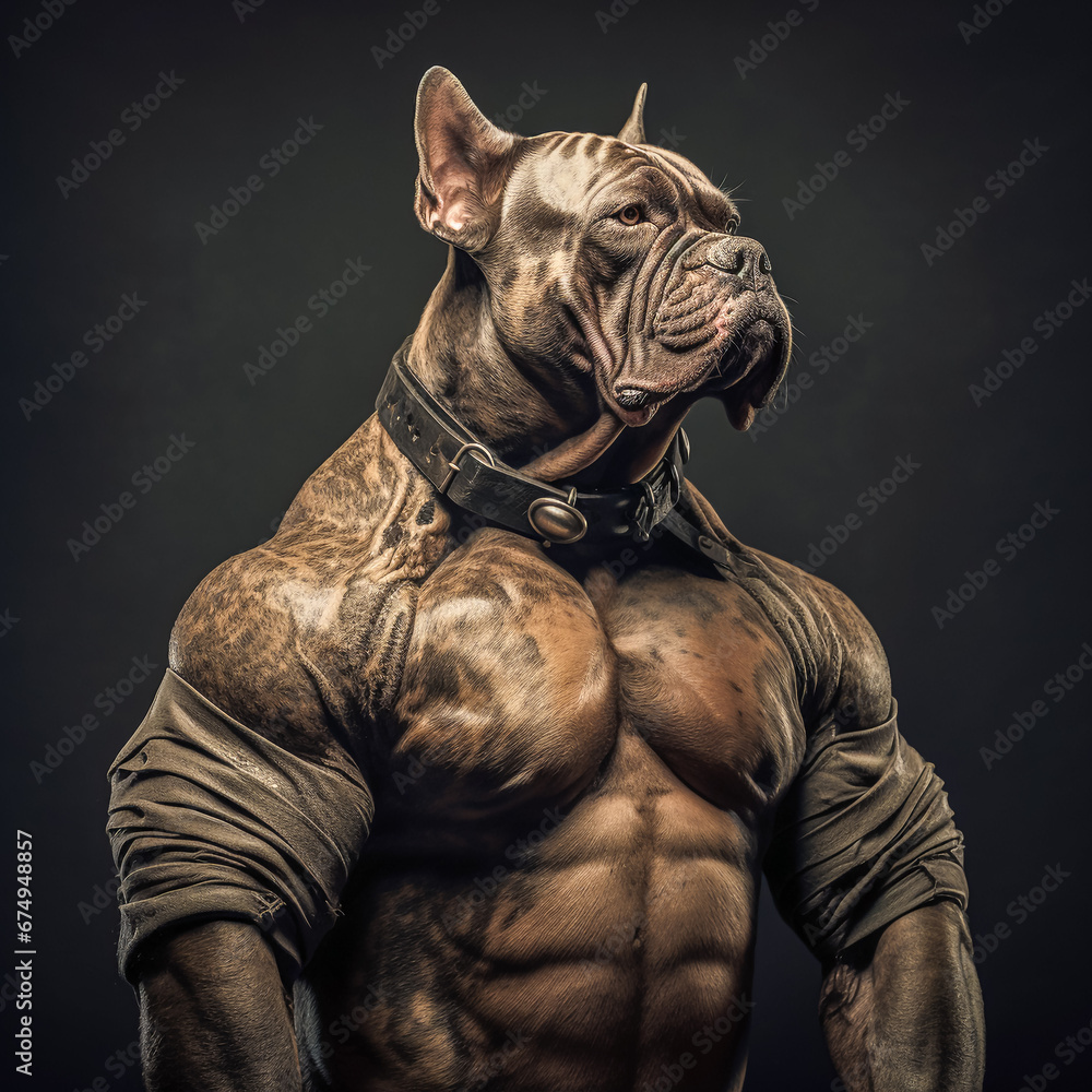 Portrait of Bulldog or Pug (or their hybrids dog) has muscles as muscular as a bodybuilder. Training, Bulking Up, Strength Training, Exercise Concepts