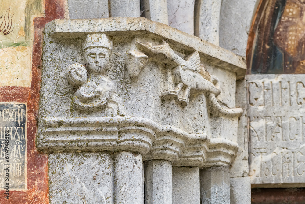 Stone carving on the walls of the Moraca monastery in Montenegro